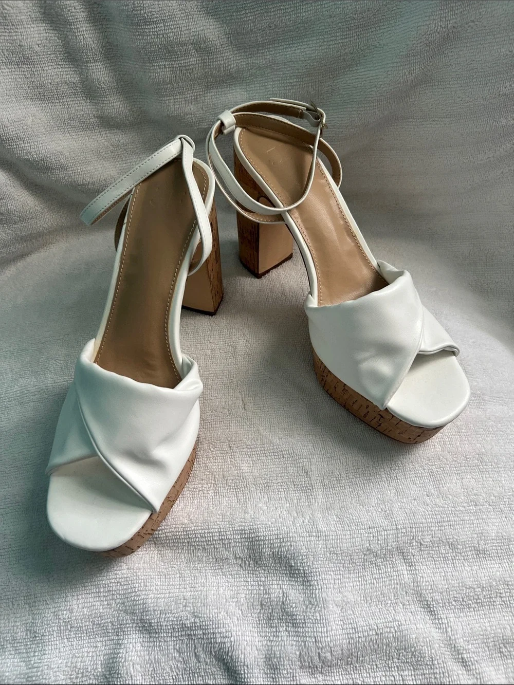 JustFab White Cork Platform Ankle-Strap Heels Size 9.5 White Block Heels
